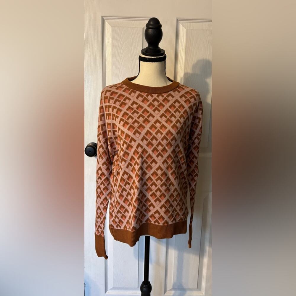 a new day Sweater Women's Large Diamond Pattern Brown & Pink Retro 70's Crewneck
